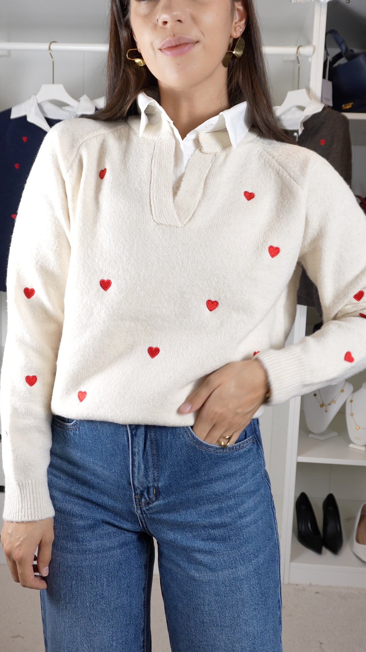 Camisola de malha c/efeito de camisa e corações