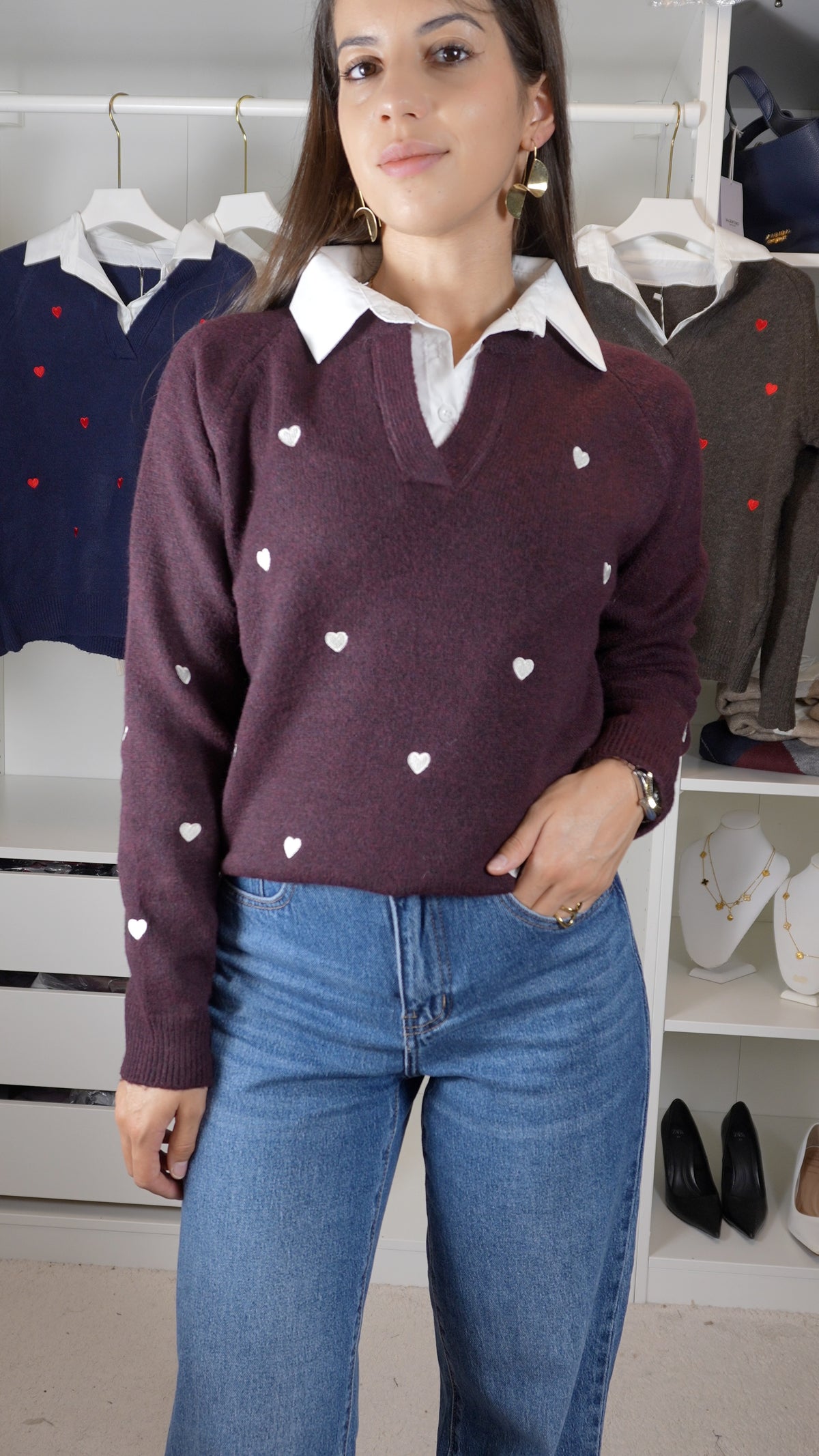 Camisola de malha c/efeito de camisa e corações