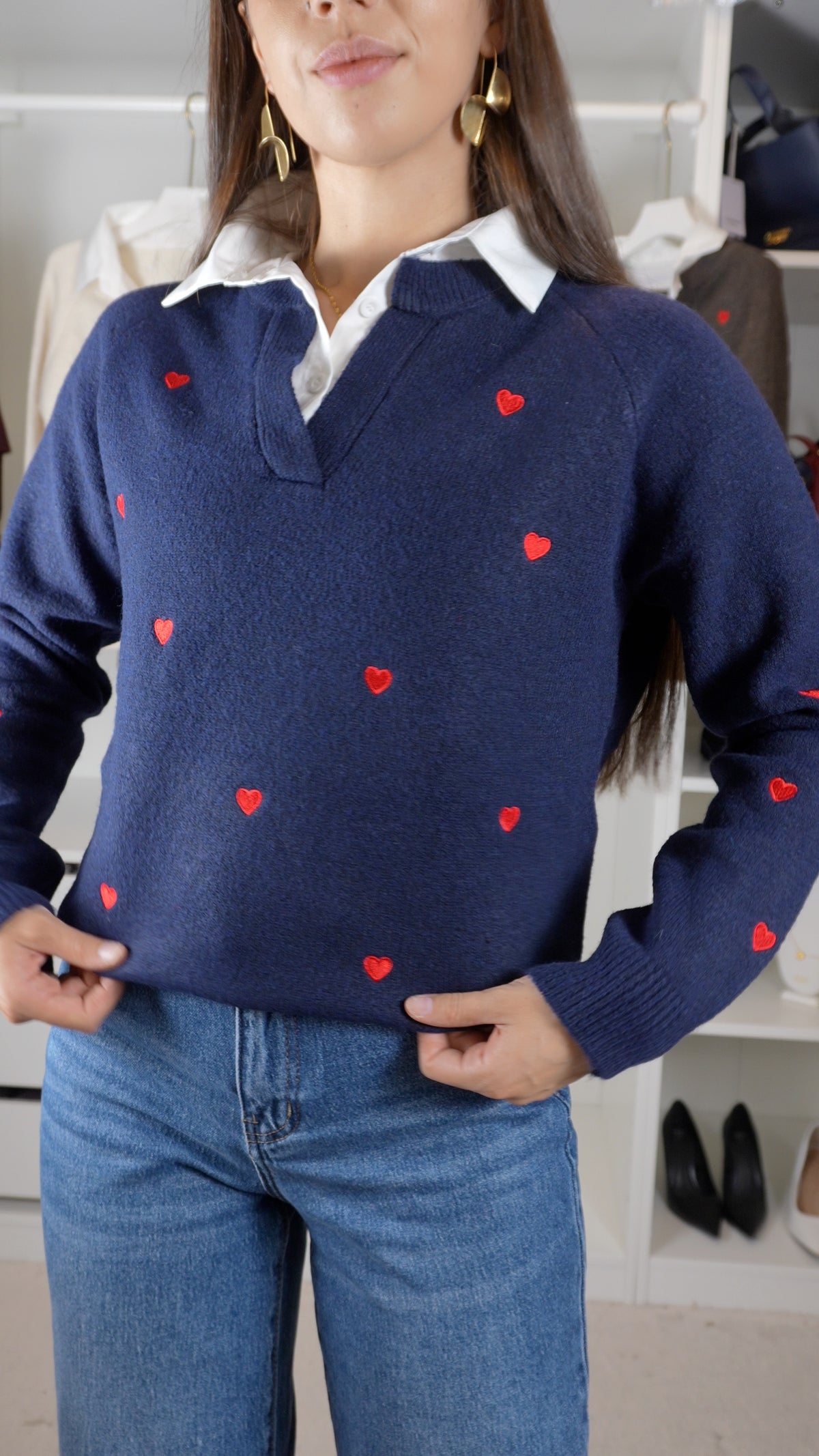 Camisola de malha c/efeito de camisa e corações