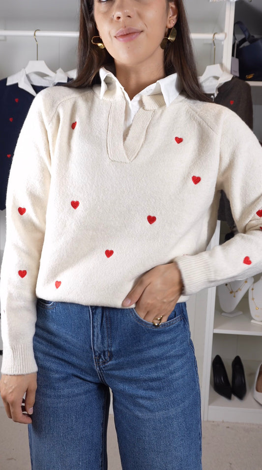 Camisola de malha c/efeito de camisa e corações