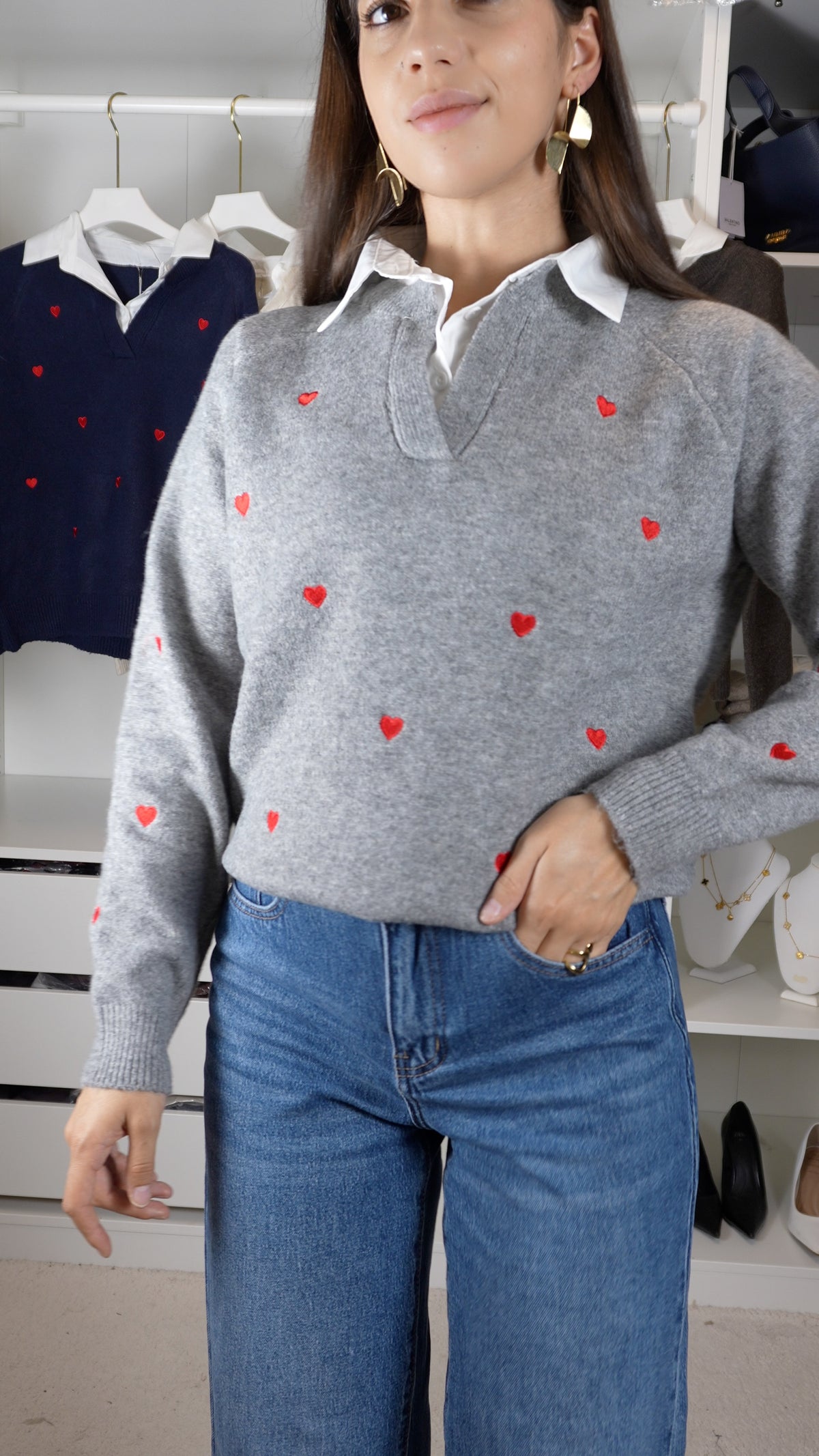 Camisola de malha c/efeito de camisa e corações