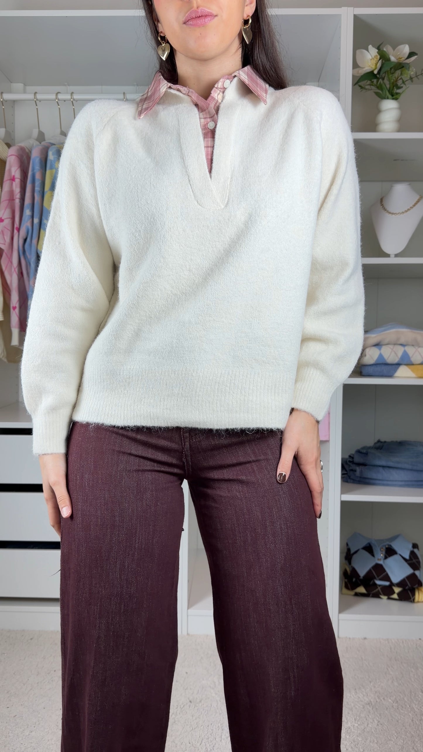 Camisola de malha c/ detalhe de camisa