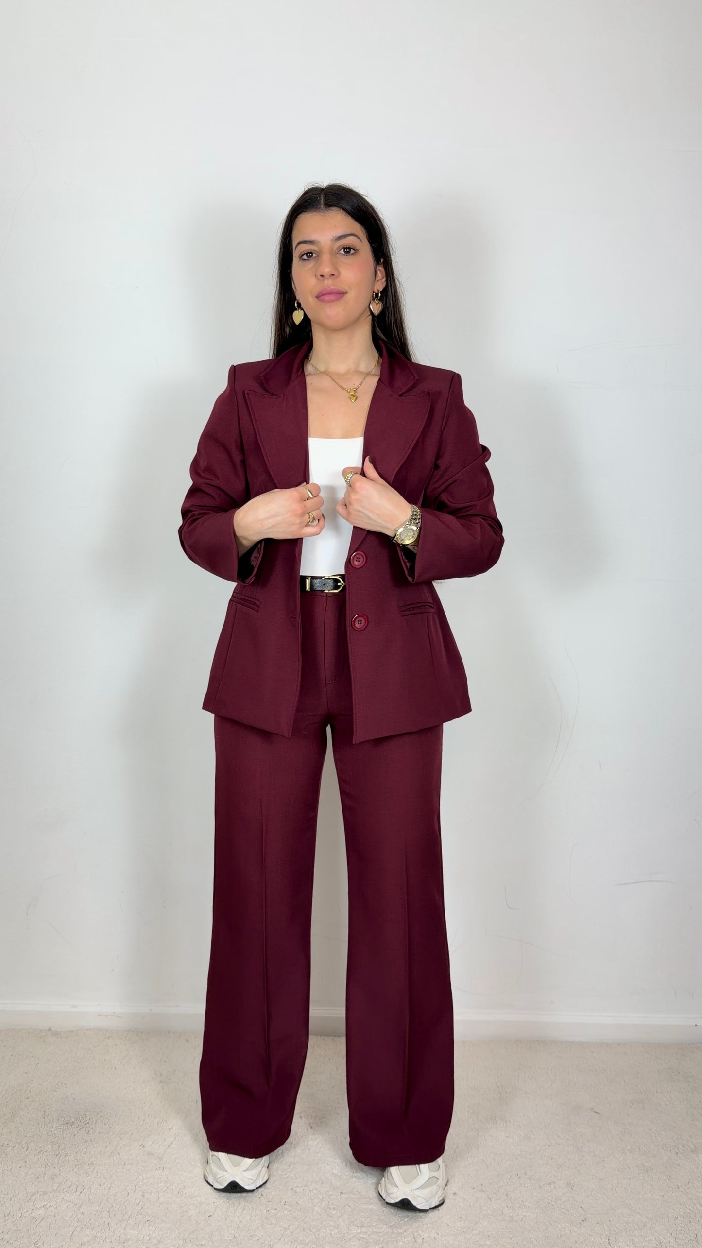 Fato elegante c/blazer cintado e calças wide Leg