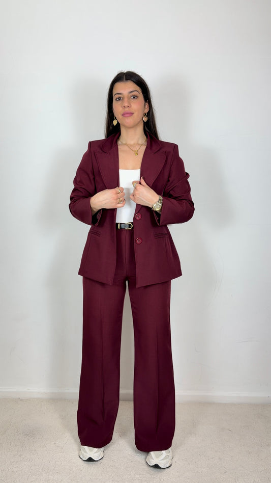 Fato elegante c/blazer cintado e calças wide Leg