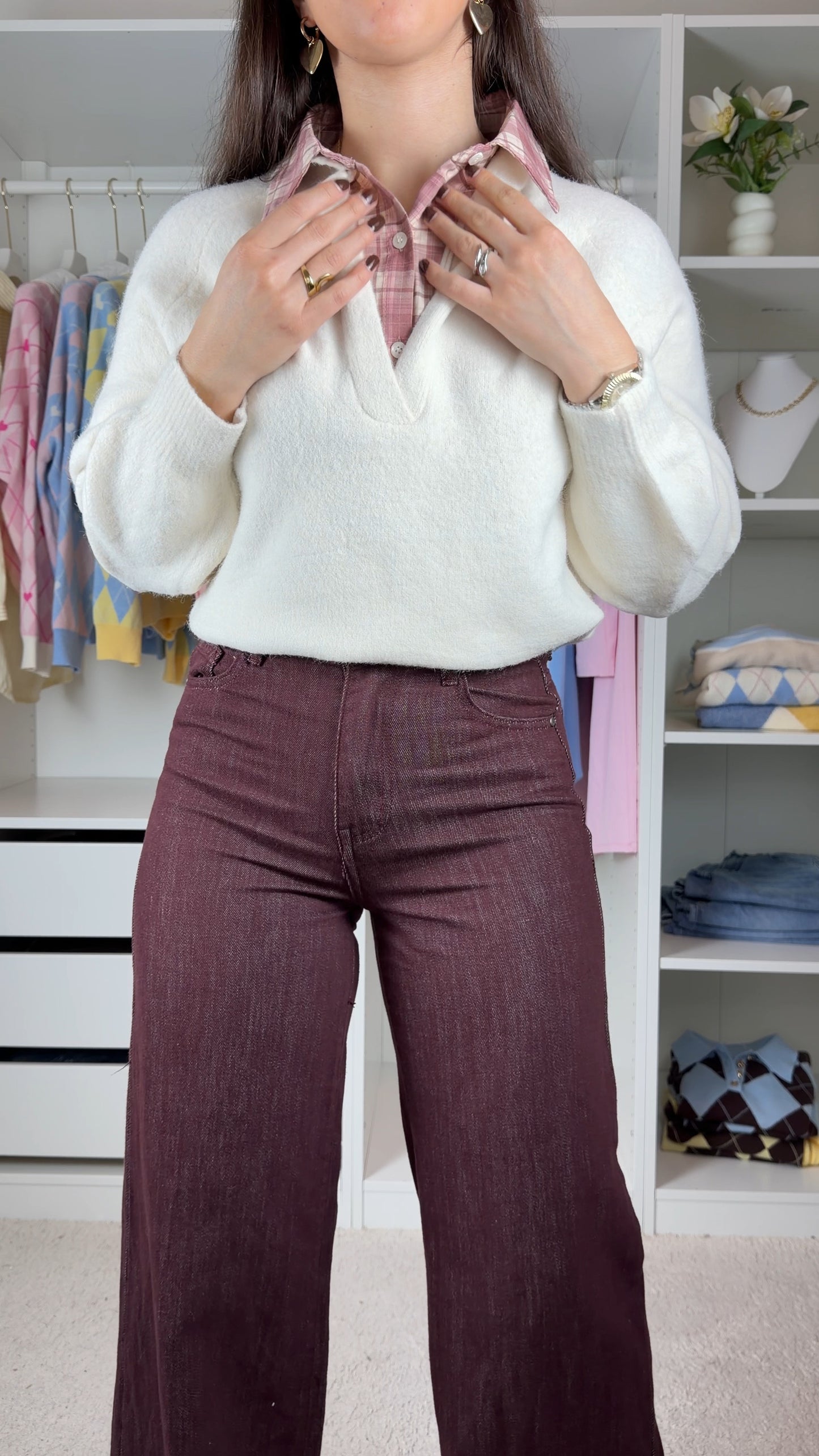 Camisola de malha c/ detalhe de camisa