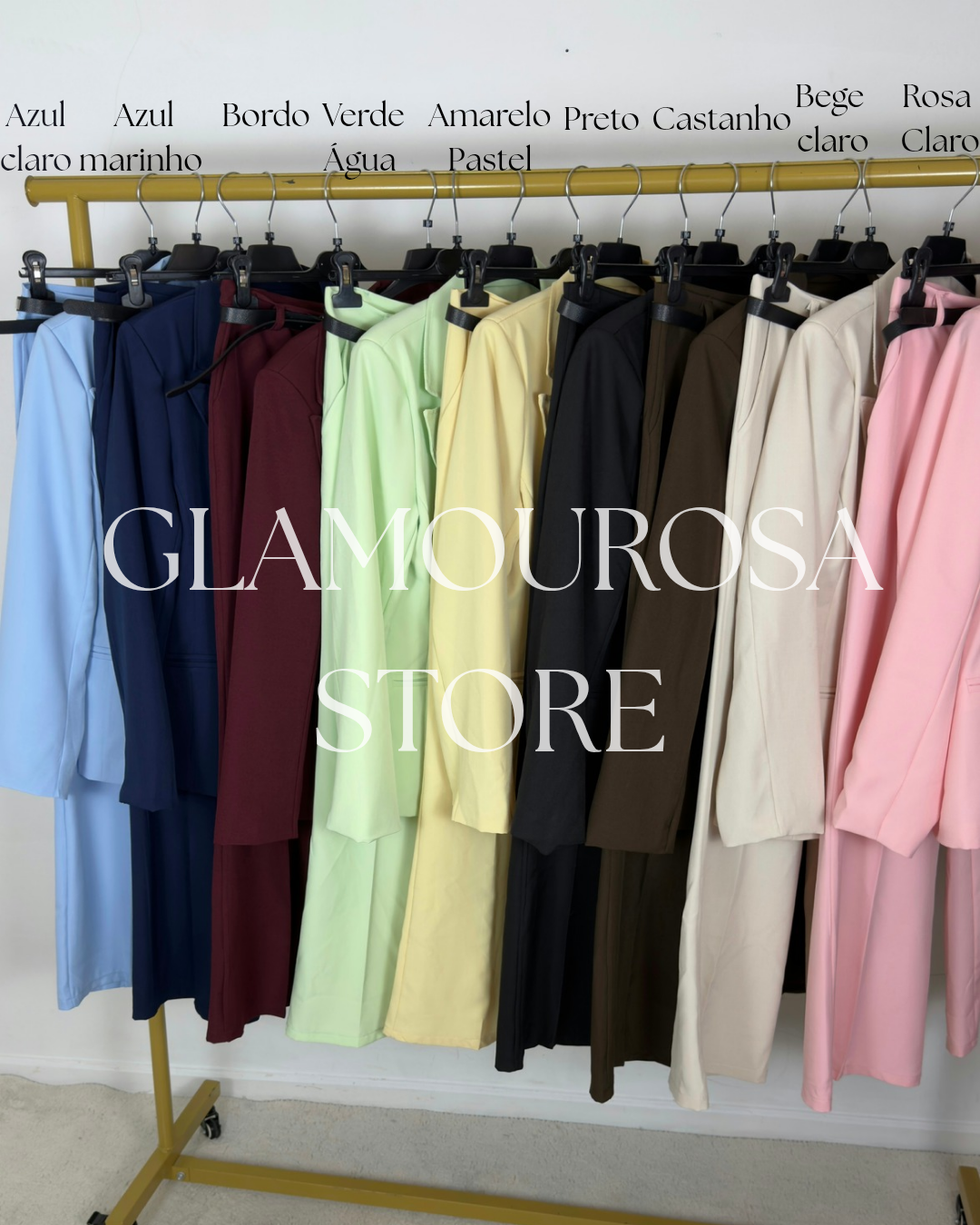 Fato elegante c/blazer cintado e calças wide Leg