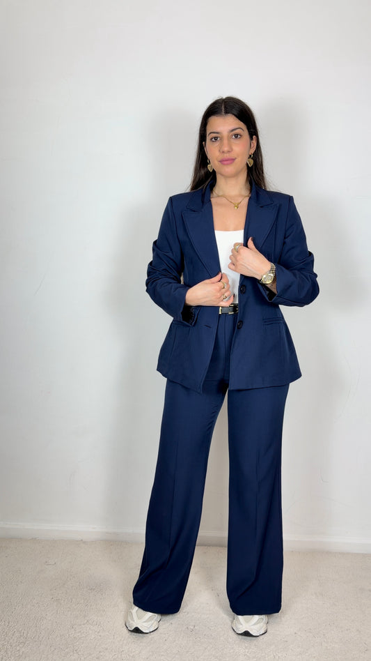 Fato elegante c/blazer cintado e calças wide Leg